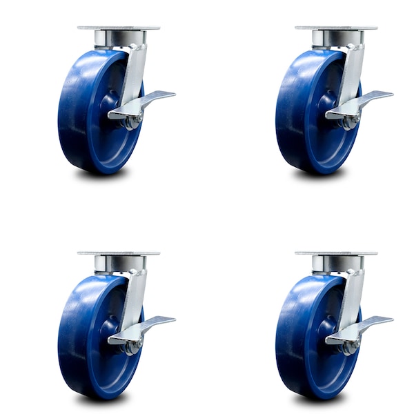 8 Inch Kingpinless Solid Poly Wheel Swivel Caster Set with Brakes